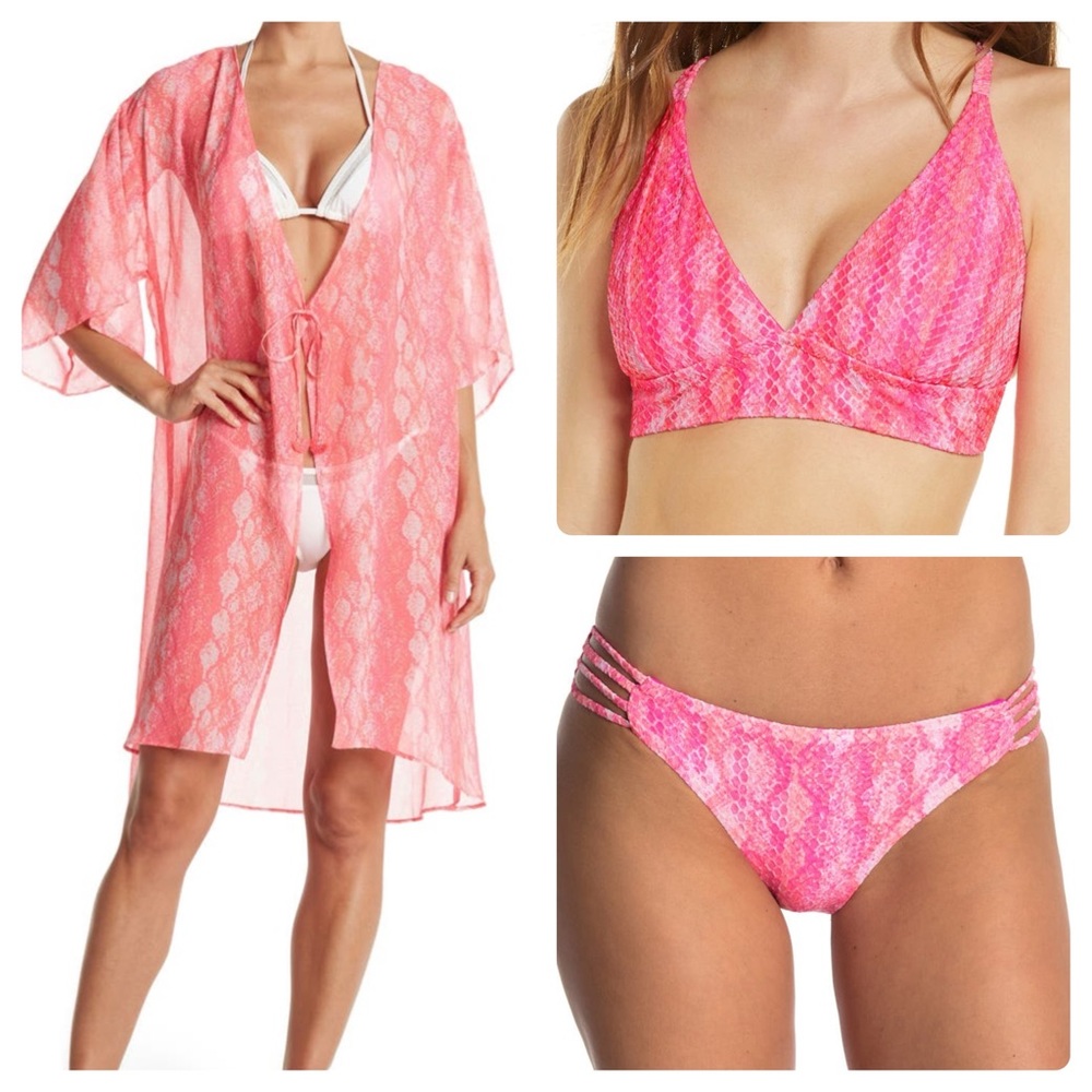 Pink Snake-Print Bikini Set with Sheer Cover-Up